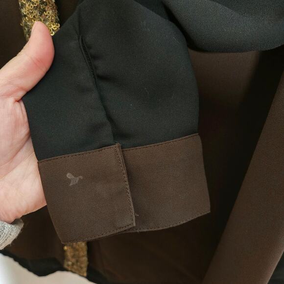 Alberto Makali  Black Brown Colorblock Blouse With Gold Sequin Trim Size L Chic - Picture 8 of 10